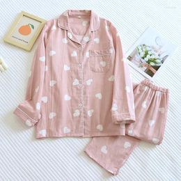 Women's Sleepwear Summer Spring Cotton Gauze Women Homewear Pyjama Suit Casual Love Printed 2Pcs Turn Down Collar Nightwear Pijamas Mujer