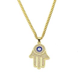 Gold Plated Fatima hand Pendant CZ Crystal Copper Material Luck Hand Palm Blue Necklace Chain For Women Jewelry176O