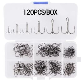 Fishing Hooks Aorace 12050pcs High Carbon Steel Treble Fishing Hooks Blank Hard Lure Round Bent Triple Artificial Lure Fishhooks Set With Box 231020