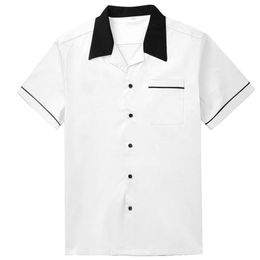 Fashion Black Collar White Shirts Men Short Sleeve Cotton Rockabilly Big Size Casual Western Man Work Clothes Men's263R