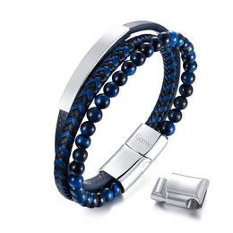 Stainless Steel Natural Stone Bend Brand Agate Microfiber Leather Three-layer Bracelet Jewelry for Men Women 8.5inch