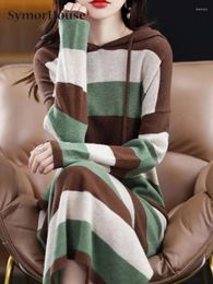 Casual Dresses 2023 Autumn Winter Fashion Elegant Striped Hooded Knitted Dress Women Loose Long Sleeve Patchwork Cashmere Sweater