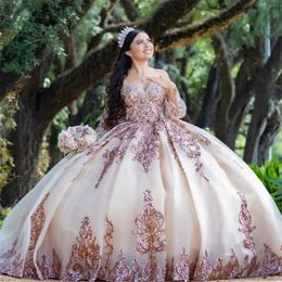 Glitter Sparkle Oro rosa Abiti Quinceanera 2024 Maniche rimovibili Principessa Compleanno Dolce 16 Abito da festa Corsetto di lusso Puffy Prom Abiti da 15 Quinceanera