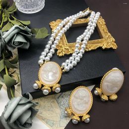 Necklace Earrings Set Hepburn Style Antique Western Jewellery Oval Human Head Relief Double Layer Pearl