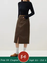 Skirts FSLE Cotton Women Retro Brown Denim High Waist Front Slit Design Female Winter Mid-length Dark Blue Skirt