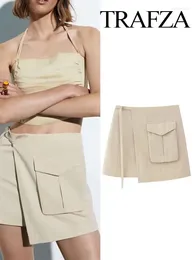 Skirts TRAFZA Summer Fashion Female Elegant Workwear Mini Skirt Women's Irregular Retro Knit Beige Drawcord Pocket High Waist