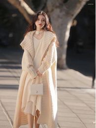 Women's Knits 2023 Vintage Long Sweater Women Autumn/Winter Thicken Korean Loose Knitted Cardigan Lazy Style Ladies Solid Chic Coat