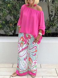 Women's Two Piece Pants 2023 Fashion One-shoulder Loose Long Sleeved T Shirt Set Women Spring Autumn Leisure Printed Wide Leg Trousers