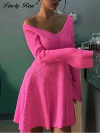 Basic Casual Dresses Autumn Knit Dres Fashion Long Sleeve V-neek Ruffle Hem Female Mini Sweater Dresses Solid Sexy Waist Lady Casual Robe 231020