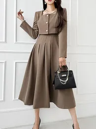 Work Dresses Autumn Women Fashion Elegant Casual Dress Suit Vintage Crop Jackets Coat Solid A-Line Midi Two Pieces Set Female Outfits