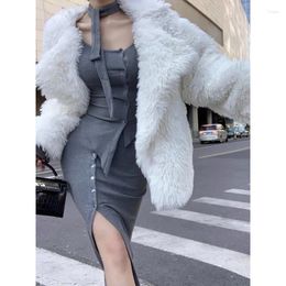 Work Dresses Vintage Korean Retro High Street Irregular Bandage Cardigan Knit Long Skirt Suit 2 Pieces Sets Y2k