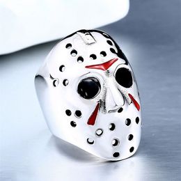 Men Ring 316L Titanium Steel Biker Jason Voorhees Hockey Mask with Red Colour Antique ring Jewelry size 7-14#2568