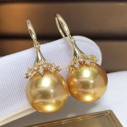 Dangle Earrings Fine Jewellery Pure 18 K Yellow Gold Natural Philippine 11-12mm Ocean Golden Round Pearl For Women
