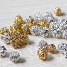 100pcs lot Alloy Crystal Beads 8mm 10mm Gold Silver Round Pave Disco Ball Beads Rhinestone Crystal Spacer Beads for DIY Jewellery Fi212E