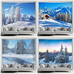 Tapestries Outdoors Winter Forest Snow Scene Tapestry Wall Hanging Christmas Tree Happy Year Bedroom Patio Mural Art Decor 231019