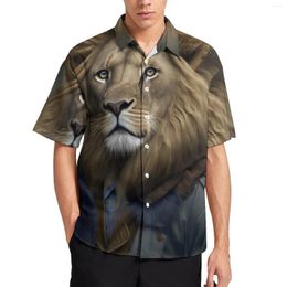 Men's Casual Shirts Lion Blouses Male High Po Dapper Clothing Hawaiian Short Sleeve Design Streetwear Oversized Vacation Shirt