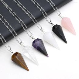 Pendant Necklaces Natural Stone Hexagonal Cone Amethysts Stainless Steel Chain Necklace Jewelry For Women Reiki Heal Gifts