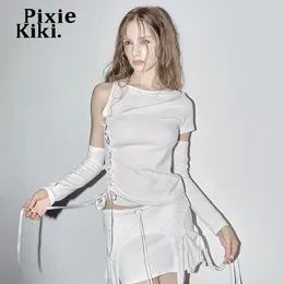 Women's T Shirts PixieKiki Y2k Subversive Long Sleeve Top Asymmetric Side Lace Up Cut Out Shirt Black White Alternative Clothing Women