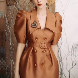 Casual Dresses Nice Style Puff Sleeve Waist Retro Dress Design Button A-line Women Sashes England Turn-down Collar Cotton