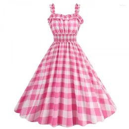Casual Dresses Girl Vintage Pink Plaid Dress Retro Shirring Strap Rockabilly Cocktail Party 1950s 40s Swing Women Polka Dot