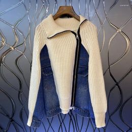 Women's Sweaters Personalised Lapel Denim Splicing Long-sleeved Oblique Zipper Split Knit Sweater Tops Fall And Winter 2023 Clothing