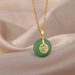 Pendant Necklaces Green Stone Round Necklace For Women Lucky Blessed Stainless Steel 2023 Trend Aesthetic Jewellery Collares Mujer