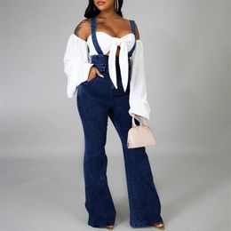 Dark Blue Women Jumpsuits Wide Leg Flare Pants Overalls Jeans Rompers Sexy Denim Jumpsuit Plus Size Pants Sexy Denim Jumpsuit202H