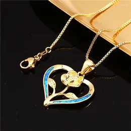 Pendant Necklaces Classic Rose Flower Necklace White Blue Opal Love Heart Trendy Gold Silver Color Chain For Women Gift