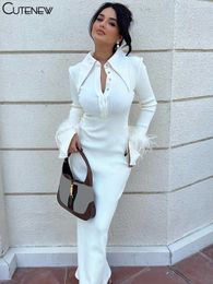 Basic Casual Dresses Cute Women's POLO Collar Maxi Dress Feather Flare Sleeves Single Breasted Long Vestidos Elegant Fashion Streetwear 231020