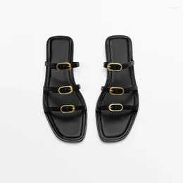 Slippers Three Belt Buckle Design Flat Women Black Roman Sandals 2023 Summer Casual Beach Shoes