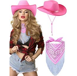 Western Cowboy Hat Pink Crown Cowboy Hat Feather Black and white scarf Dick