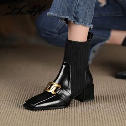 Boots Women Sock Stitching Square Toe Low Heel Ladies Ankle Solid Colour Sewing Office Lady Shoes Fashion Winter 231019