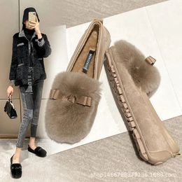 Dress Shoes silk bow decoration fur winter shoes for women Cosy flock plush padded moccasins female bowtie rabbit loafers big size 43 231019
