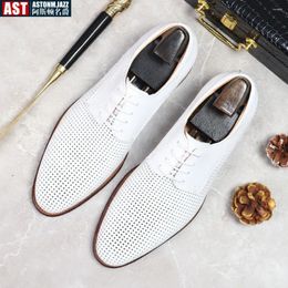 Dress Shoes Men's Business Casual Oxford Real Cow Leather Comfortable Breathable Hollow Soft Summer White Wedding