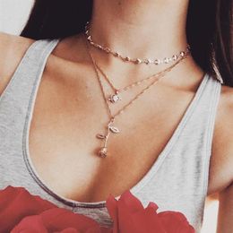 Fashion Trendy Gold Colour Rose Crystal Love Heart Choker Necklace Wedding Multilayer For Women Jewellery Gifts Chokers2942