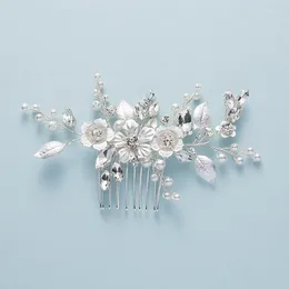 Hair Clips Silver Colour Rhinestone Bridal Comb Handmade Pearl Alloy Flowers And Leaves Women Wedding Dress Accessories