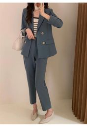 Women's Two Piece Pants Fashion High Grade Blue Blazers Set Women'2023 Autumn Long Sleeve Suit Coat Waist Elegant Office Lady