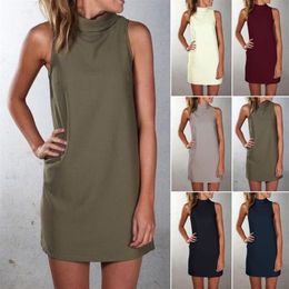Women Dress High Collar Solid Casual Plus Size S- 5XL Slik Summer Sleeveless Europen American Fashion Clothes297O