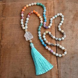 Pendant Necklaces Raw White Stone Necklace Amazonite Mala Beaded Long Tassel Matta A-gate Boho Chakra For Women