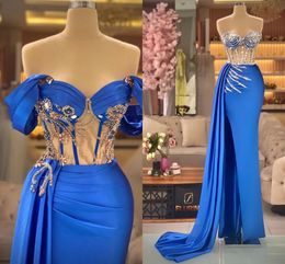 Evening Dresses Royal Blue Prom Party Gown Plus Size New Custom Zipper Lace Up Long Sleeve Beaded Sequins Sweetheart Satin Crystal Thigh-High Slits Mermaid