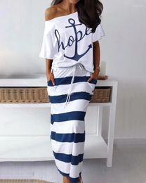 Work Dresses Summer Navy Blue Women's Leisure Tracksuit Boat Anchor Print Short Sleeve T-shirt And Skirt Two Piece Sets Women Outfit Suits