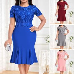 Casual Dresses Embroidery Lace Splice Women Dress O-neck Short Sleeve Lady High Waist Hip Wrapped Fishtail Gown