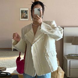 Women's Jackets Clothland Women Elegant White Tassel Jacket Long Sleeve Double Breasted Pocket Coat Outwear Blazer Tops Mujer CA875