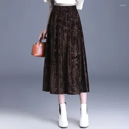 Skirts Pleuche Jacquard Black Pleated Skirt For Women Autumn Winter Elastic High Waist Vintage Elegant Loose Big Swing Long 8159