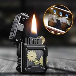Lighters Kerosene Lighter Creative Mechanical Gear Linkage Double Cotton Core Windproof Old-fashioned Grinding Wheel Decompression