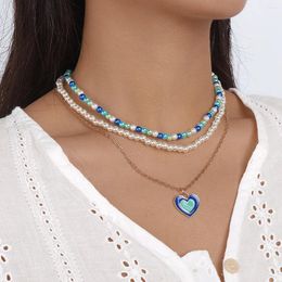 Chains Retro Pearl Necklace For Women Multi-layered Fashionable Dripping Oil Love Romantic Temperament Geometric