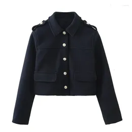 Women's Jackets YENKYE Fashion Women Navy Blue Button Soft Crop Jacket Long Sleeve Lapel Collar Female Autumn Winter Outfits