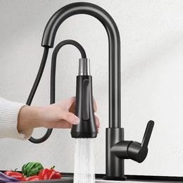 Kitchen Faucets Black Stainless Steel Pull Type Faucet Double Outlet Cold and Water Dish Washing Basin Sink Retractable 231019