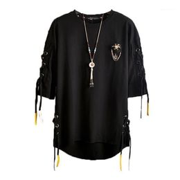 Men's T-Shirts Idopy Korean Fashion Men's Street Style Lace Punk Gothic Pullover Designer Steampunk Hem Hip Hop Sweatshirts S212T