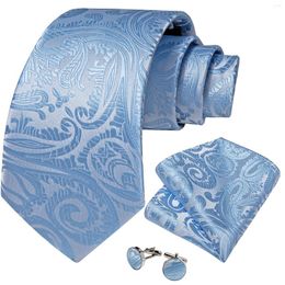 Bow Ties 2023 Light Blue Paisley Silk For Men Formal Business Wedding Necktie Handkerchief Cufflinks Accessories Gift Wholesale